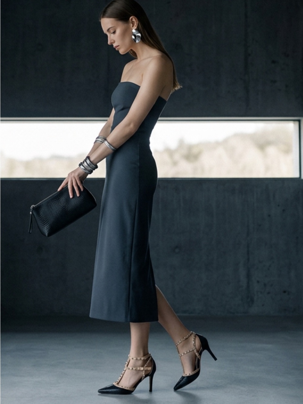 Pointed T-Strap Studded Pump in Black and Nude